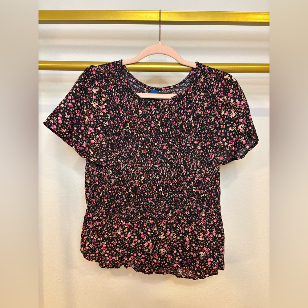 Women’s pink, peach and black smocked blouse